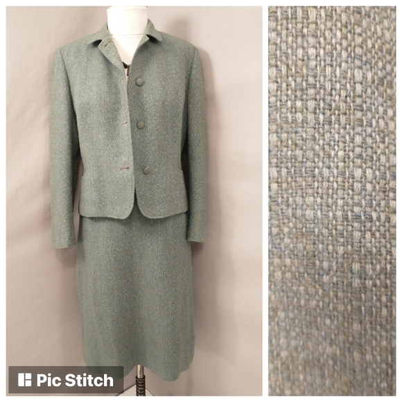 Scottish Tweed Wool Suit Vintage Skirt & Blazer Gala Forest Scotland Aqua Green